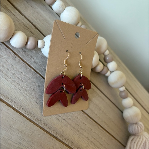 Handmade Boho Red Clay Dangle Earrings - Unique Double Leaf Design - Picture 5 of 7